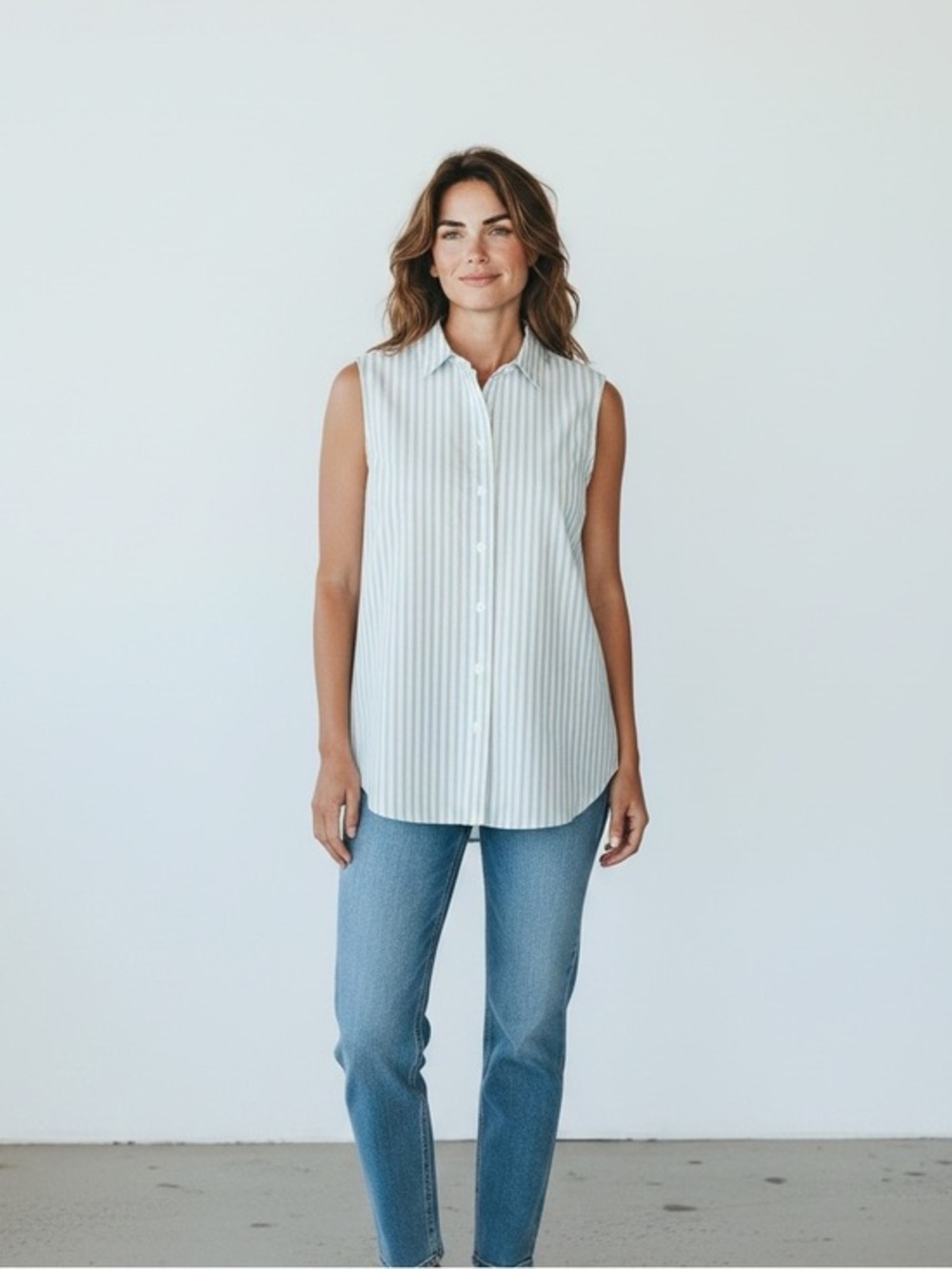 VINTAGE Talbots Sleeveless Button-Down Shirt in White with Blue Stripes